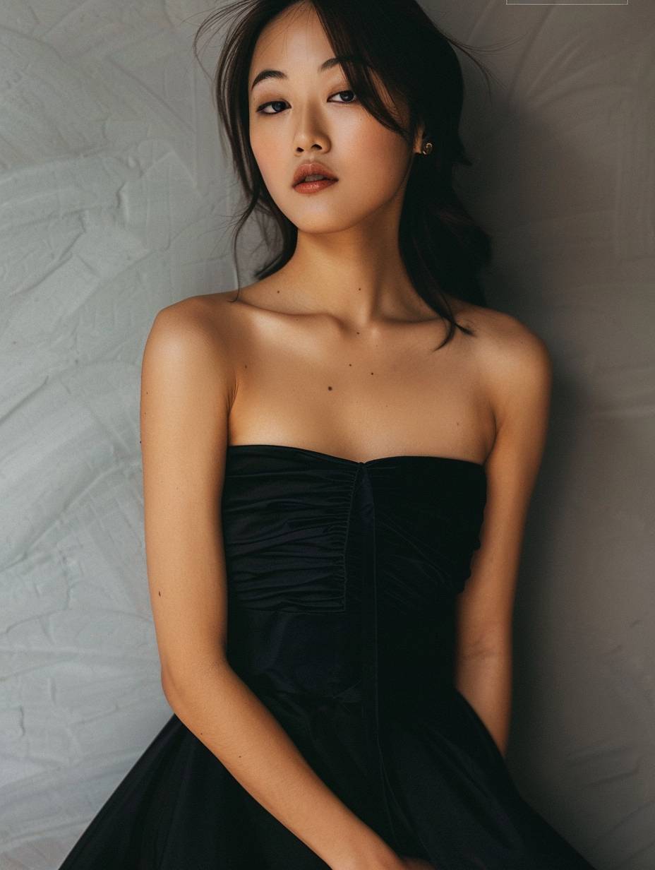 A photo of an Asian woman in a black strapless dress, standing upright with her hands behind her back, high resolution, natural lighting, soft shadows, no contrast, smooth skin, clean sharp focus, professional photography, professional color grading, a film grain effect, hyperrealistic in the style of a magazine cover shoot, magazine quality, neutral background, text "musesai.io" on the top right corner.