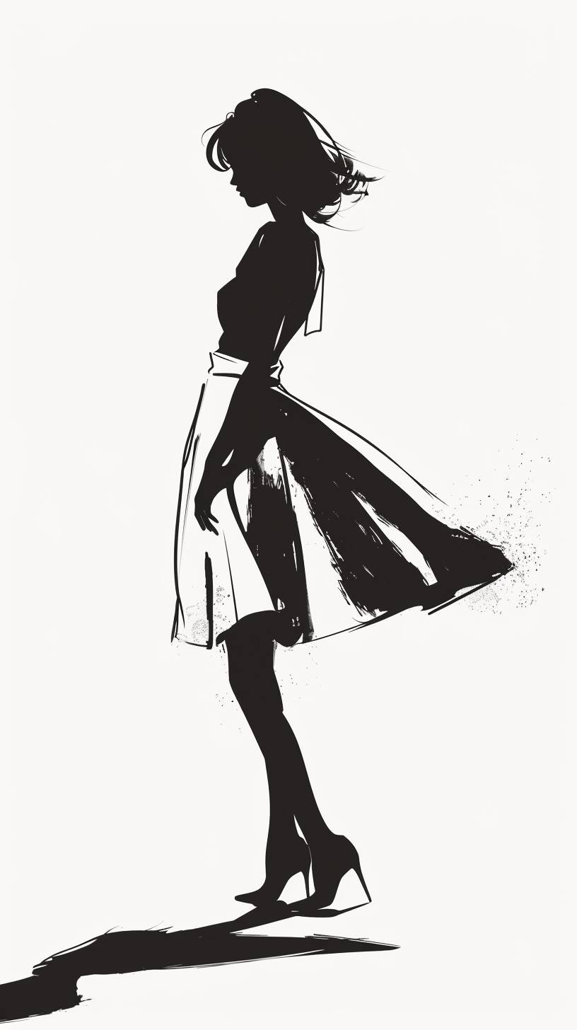 Pure white background, woman sideways, full body, skirt, high heels, linealism, illustration art, minimalism