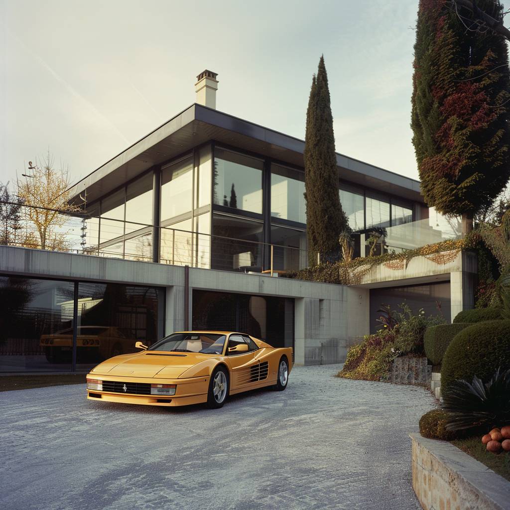 35mm photo of a modern house in France with a dark yellow Ferrari Testarossa on the driveway. Shot on expired --v 6.0