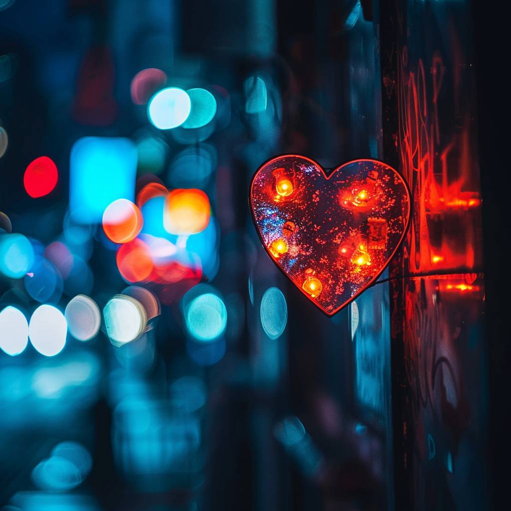 Against a dark background with a mysterious atmosphere and cool tones with high contrast, as if captured with a telephoto lens, in a night scene with light and shadow effects. Light shining through neon lights in the style of night street, night heart bokeh, light leak.