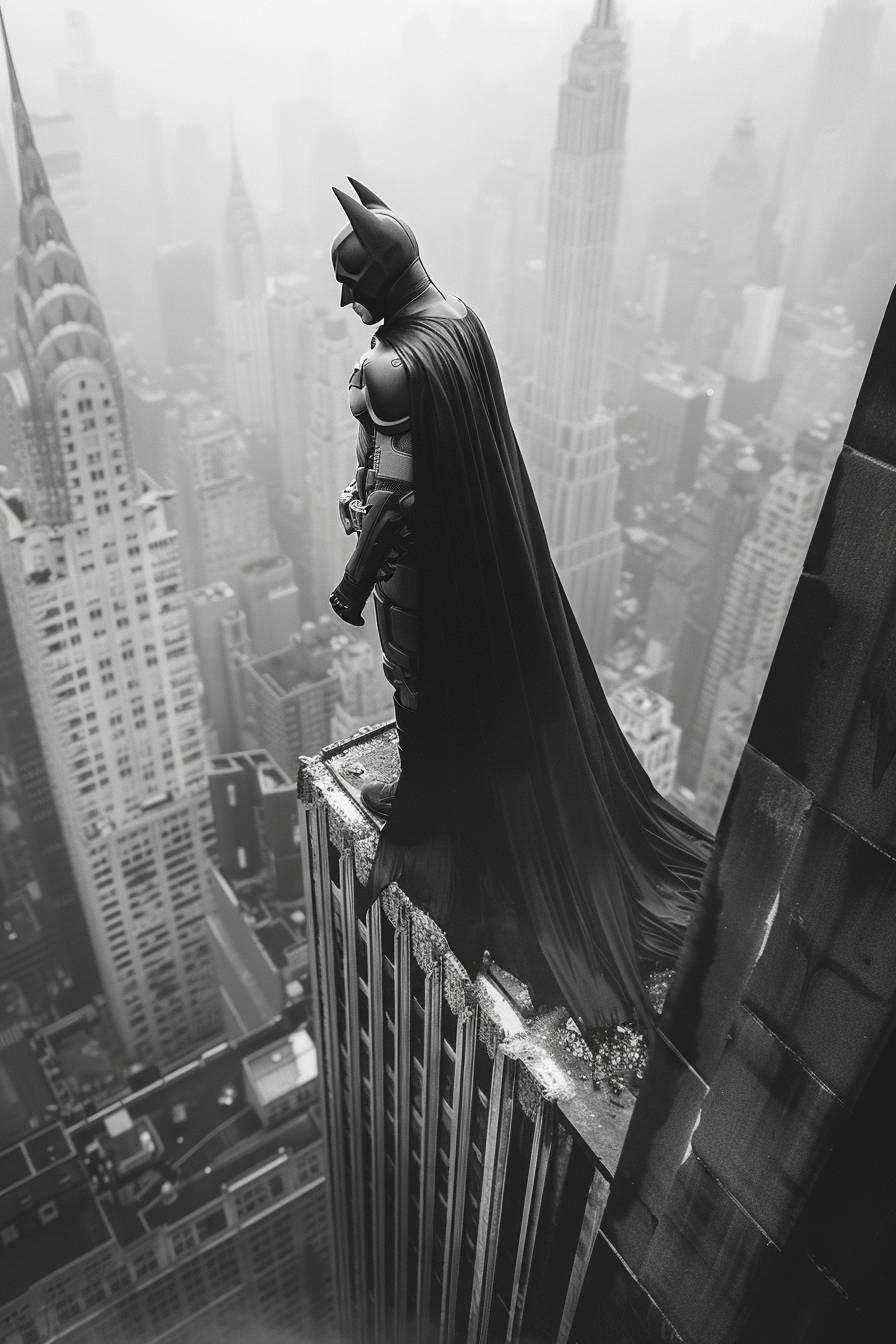 バットマンが高い建物の上から街を眺めている、高所恐怖--ar 2:3  --v 6.0
