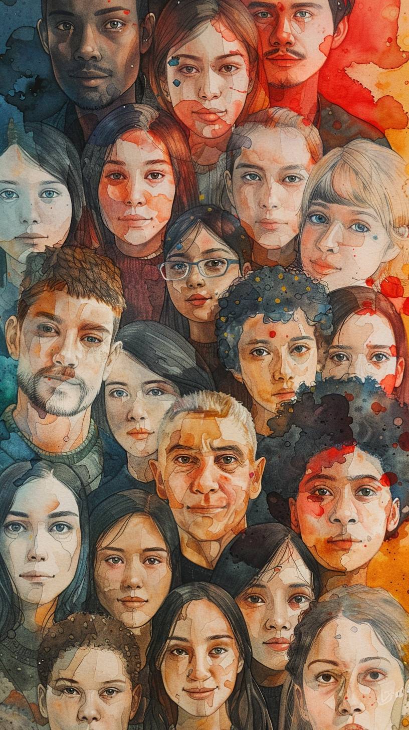Sketch, watercolor painting style. Directly above a large multi-ethnic group of people looking at the camera. Concept of teamwork, democracy, happy people, pride, fairness, 32k UHD --ar 9:16 --stylize 250 --v 6.0