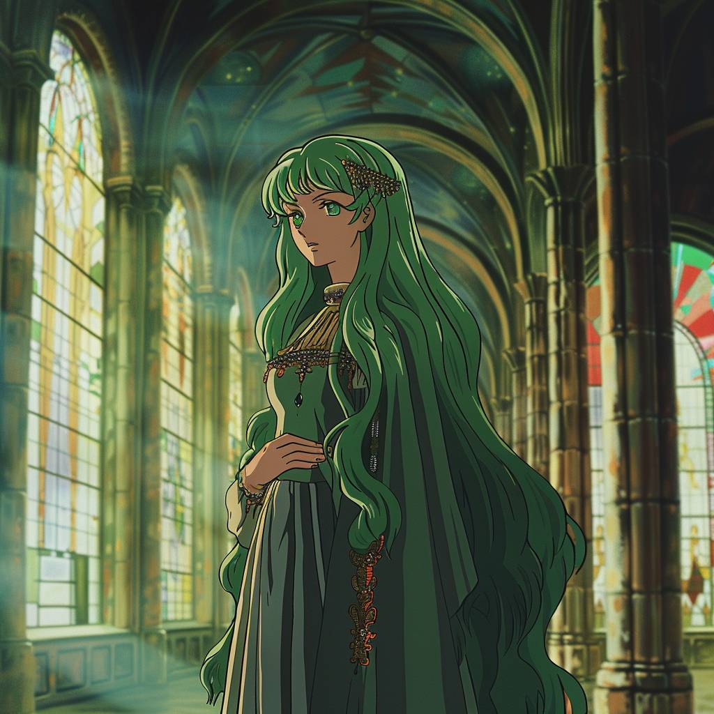 1990年代のアニメスチル、中世のドレスを身にまとい、流れるような緑色の髪を持つエレガントな若い女性が、ステンドグラスの窓がある壮大なホールに立っている様子、朝の柔らかい光線が差し込む、正面からのアングル、レトロなアニメーション、90年代のアニメーション、高解像度