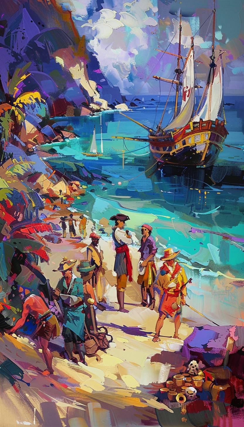 In the style of Isaac Maimon, a pirate crew unearthing buried treasures on an isle --ar 4:7 --v 6.0