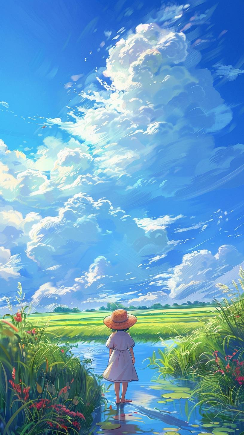 宮崎駿風のパノラマ風景、わら帽子をかぶった超かわいい少女が明るい田舎の野原に立ち、空にはふわふわした雲が浮かび、水田にはきらめく水が広がっており、心温まる平和な雰囲気、高度なディテールと鮮やかさ