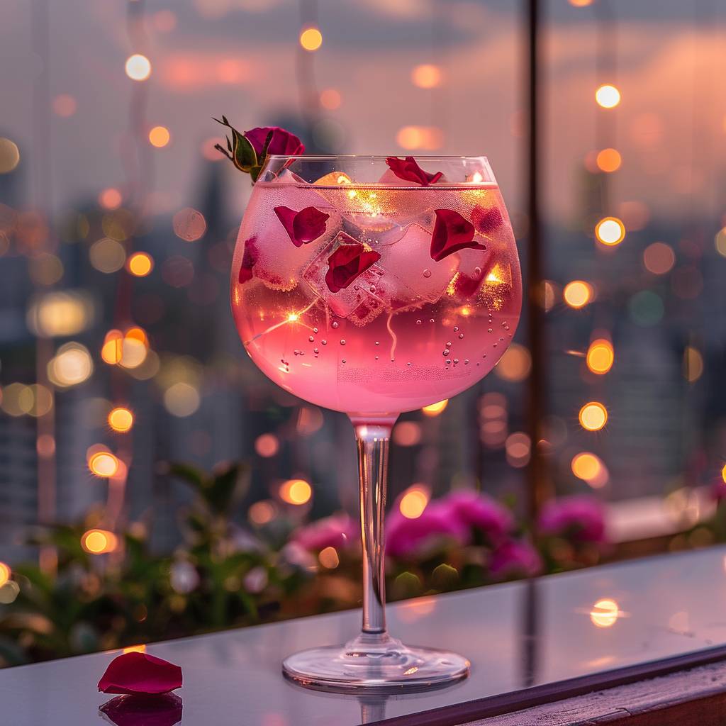 Rooftop Garden featuring pink gin and tonic in balloon glass, adorned with rose petal. Cocktail with pink color scheme. Setting: rooftop garden, city lights, floral arrangements for romantic mood, string of fairy lights. Captured with Sony A7R IV, FE 50mm f/1.2 GM lens, ISO 100, f/4