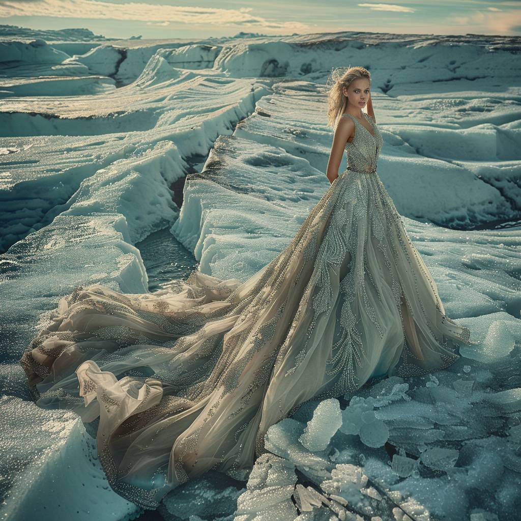 魅力的でエーテルのような女性モデルのポートレートがあります。輝く氷の結晶で作られた魅惑的なガウンを着ています。彼女は溶ける氷河の端で大胆に立っており、そのポーズは劇的で感動的です。彼女の足元の氷が割れて崩れ、広大な氷の青い水域を現しています。彼女の目は恐怖と驚きの入り混じった感情で満ち、周囲の繊細さを反映しています。柔らかく神聖な照明が異世界的な輝きを投影し、シーンの儚い美しさを引き立てています。