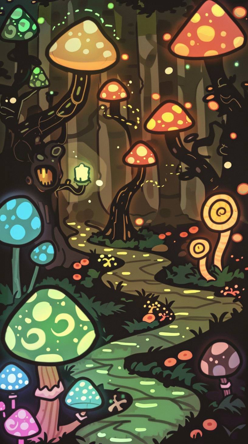 Fantasy forest with giant mushrooms, glowing flora, mystical creatures, and a crystal-clear stream winding through the trees, vibrant colors.