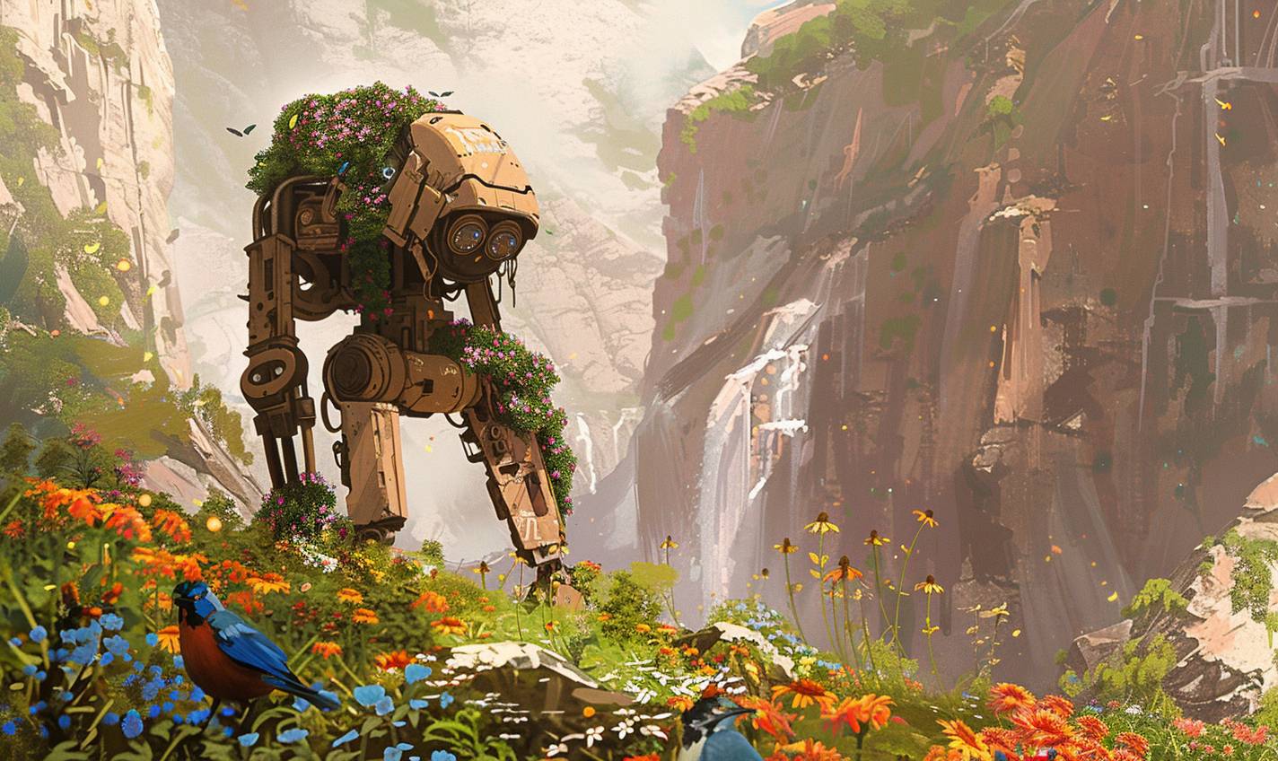 A weathered, wooden mech robot covered in flowering vines stands peacefully in a field of tall wildflowers, with a small bluebird resting on its outstretched hand. Digital cartoon, with warm colors and soft lines. A large cliff with a waterfall looms behind
