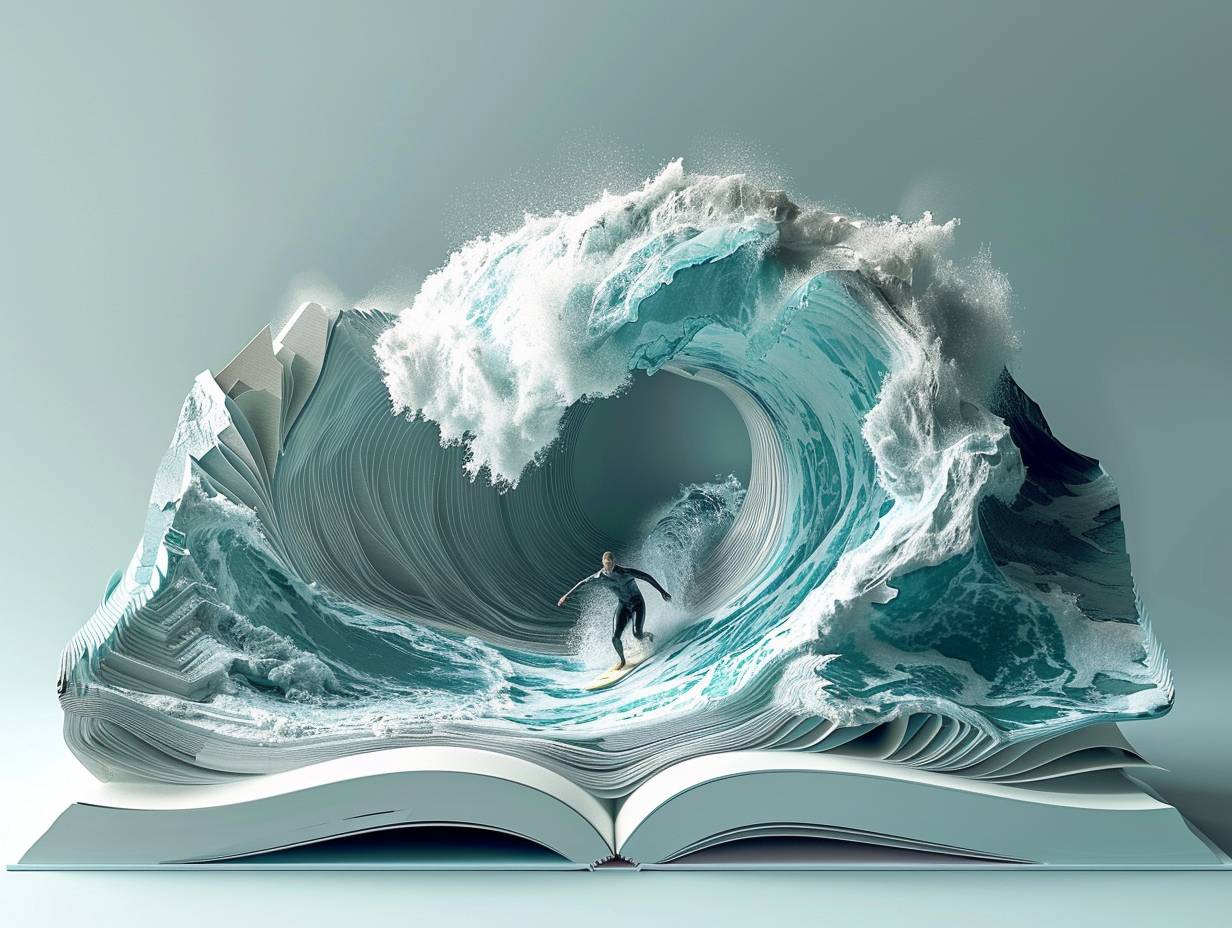 波管の形に彫られたページがあるオープンサーフィン雑誌、波を巧みにサーフィンしているサーファー、立体効果。