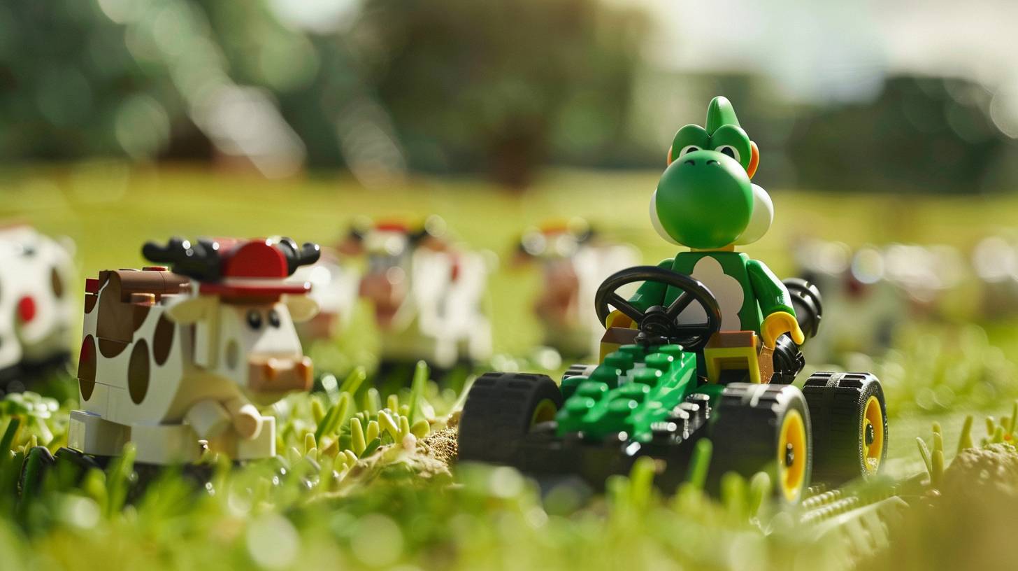 LEGO Yoshi is in a speed boost position in LEGO Moo Moo Meadows, driving a green kart. It features cows, green grass, iconic Mario Kart elements, LEGO style, and bright colors.
