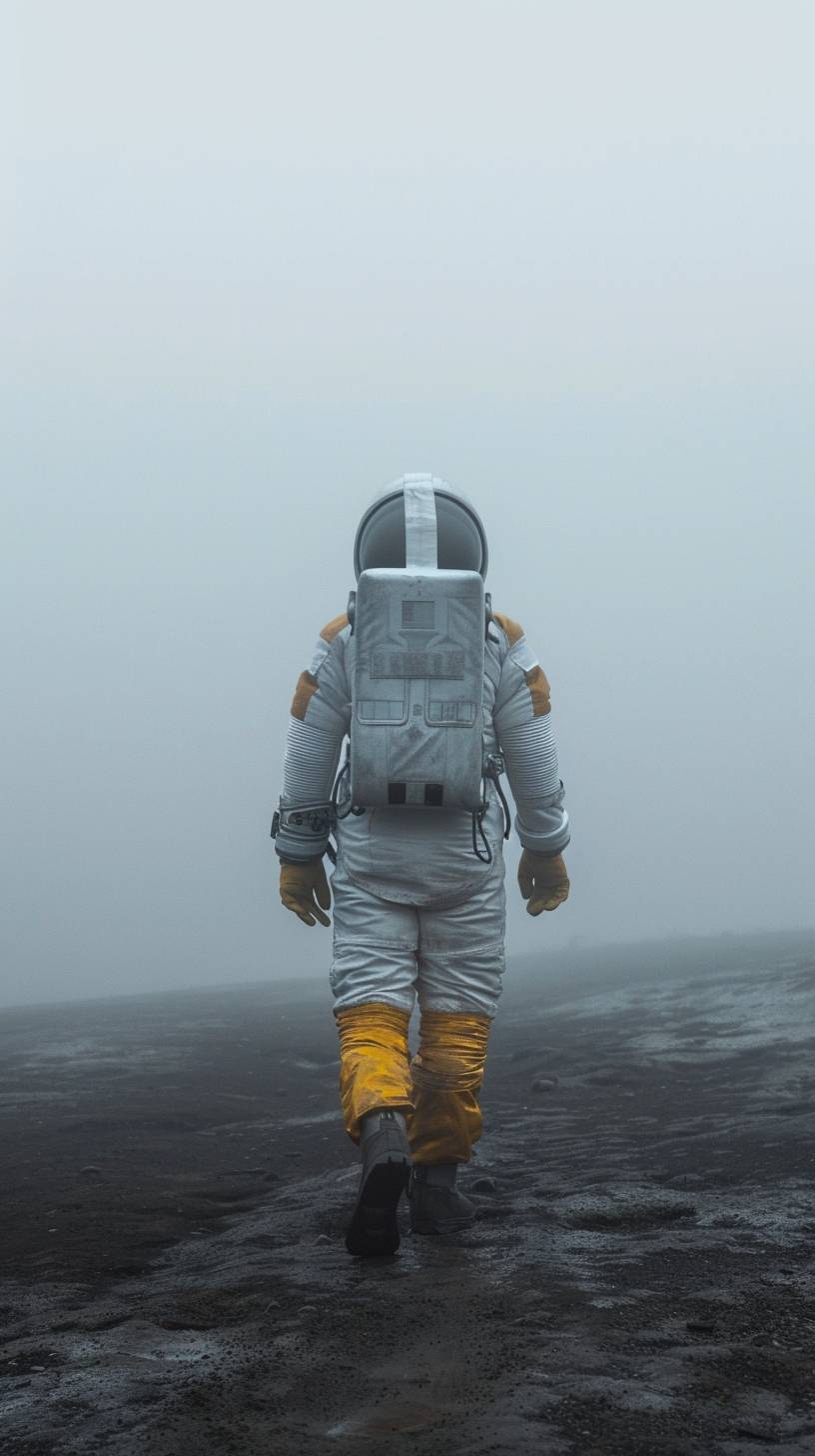 宇宙船の背後に宇宙服を着た宇宙飛行士が霧の中を歩いている。淡い青と淡い琥珀色、超現実的なファッション写真、写真のインスタレーション、薄白と金色、ミニマリストな静物、印象的なパノラマ