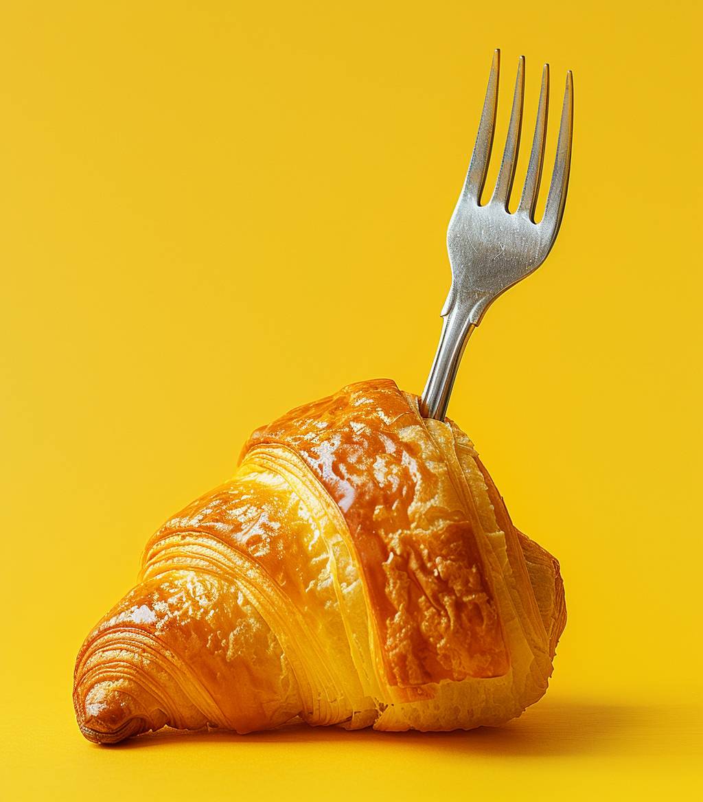 A photograph of a fork stuck in a croissant, with the croissant overhanging in mid-air. The background is yellow, and the photo was taken in a studio with studio lighting using a Canon EOS R5 camera. Additional parameters: --chaos 5 --ar 7:8 --style raw --stylize 200 --v 6.0