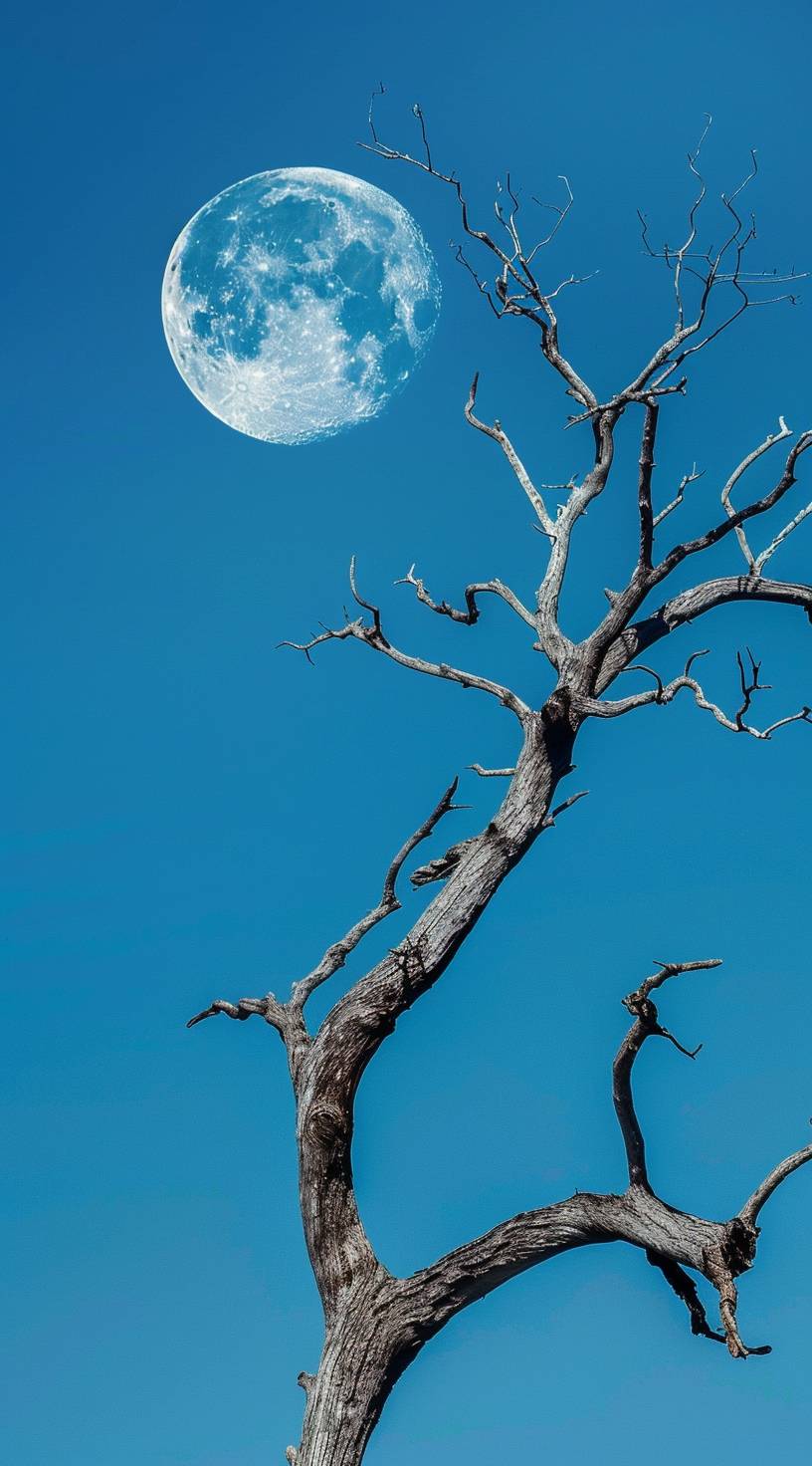 The moon is in the sky, and there's only one branch of an ancient tree with no leaves on it. The background color should be blue gradient. High definition photography