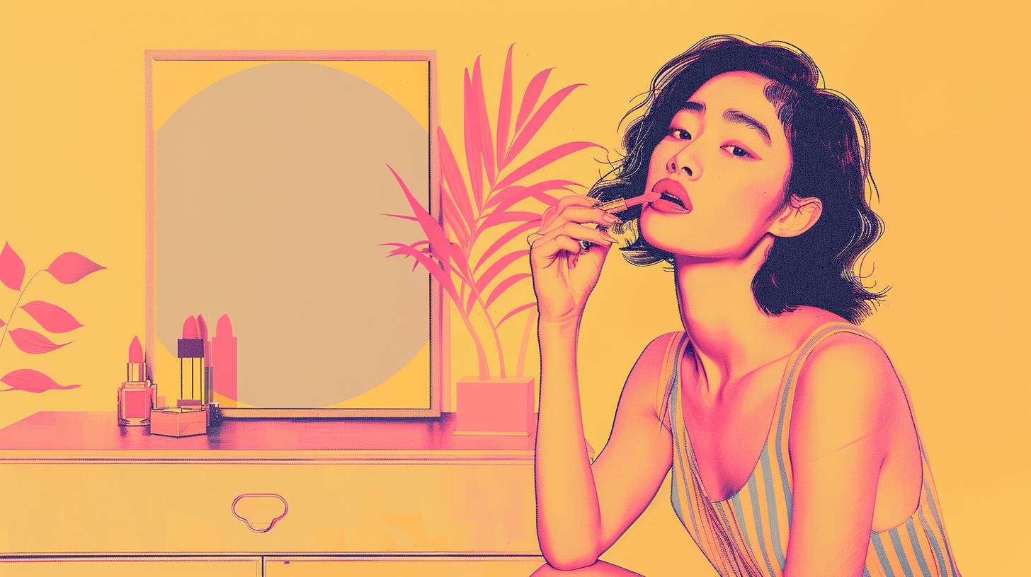 Girl applying lipstick, girl sitting in front of dresser, lipstick color pink, pop illustration, background all pale yellow