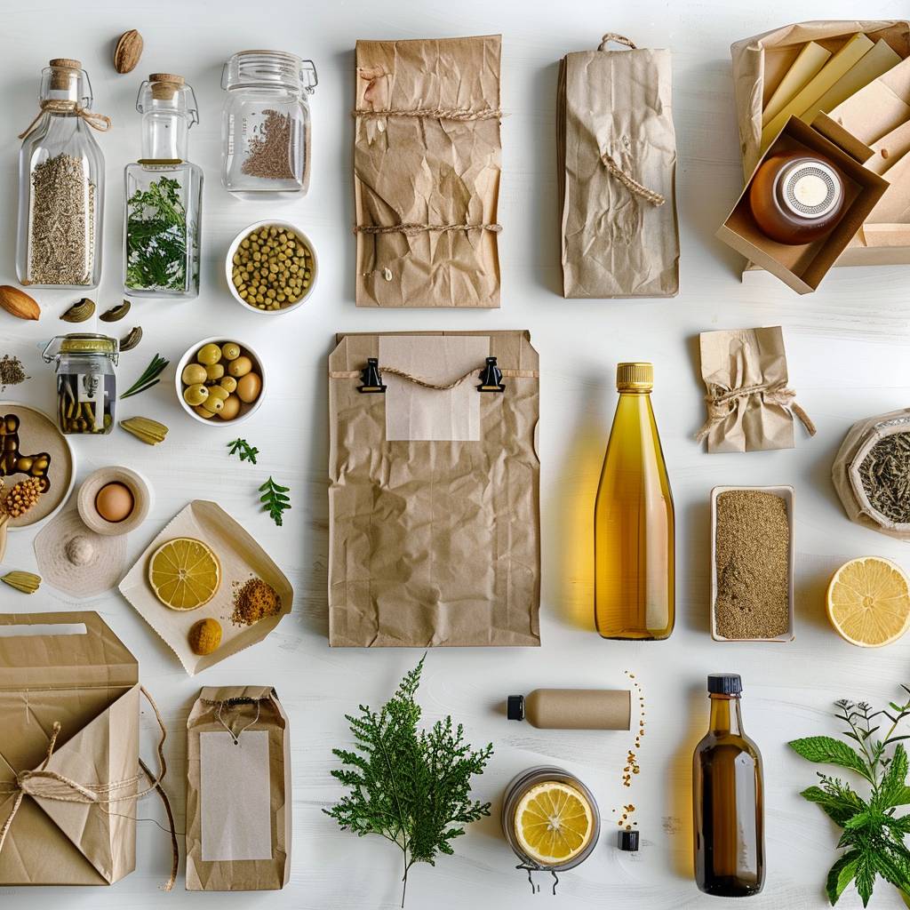 A variety of eco-friendly products such as paper bags, recycled bottles, and organic food
