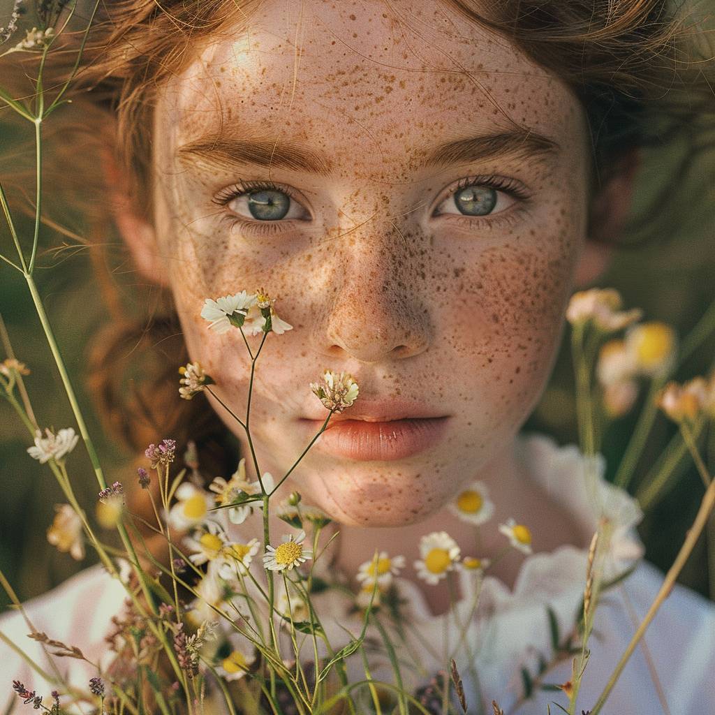 雀斑のある若い女の子が、野の花束を持っています。明るい青い目。赤毛。イギリスの田園地帯。正午。晴れた空。転がる緑の丘、近くに小さな川のせせらぎが聞こえます。クローズアップの撮影で、頭と肩のアップ。自然な光が、木々の間から斑点のある影を投げかけています。鮮やかな色彩。