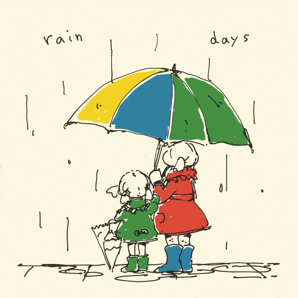 女の子と母親が大きな傘を持ち、明るい表情で、背景は明るい雰囲気の雨の日です。傘の隣の空白スペースには手書きの「雨の日」と書かれています。明瞭な文字の大きな傘は、温かさと喜び、新鮮さ、明るい気分を象徴し、写真のようです。