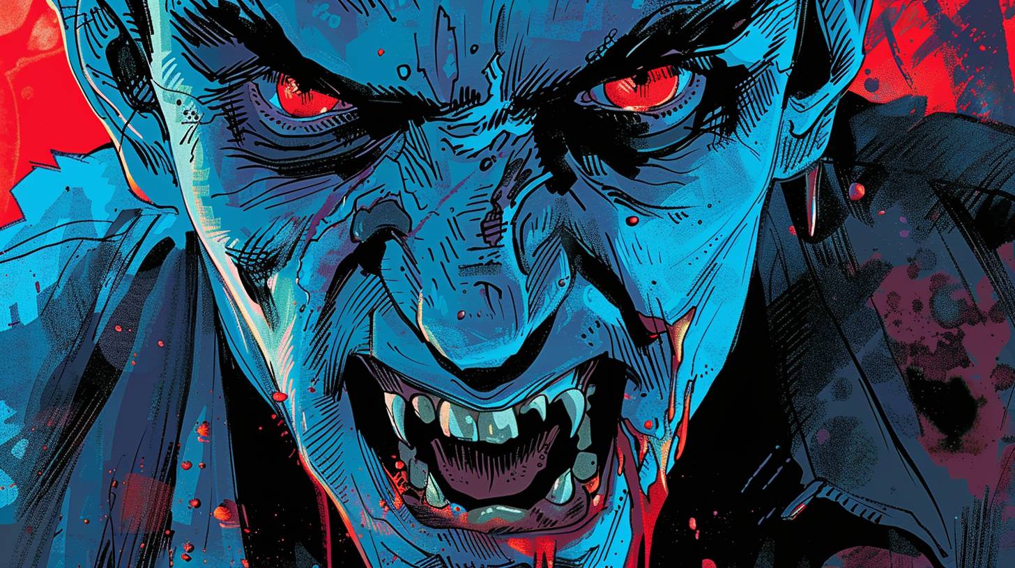 Close up of a vampire [creature] | fangs showing | Machinepunk | modern flat SVG Moebius pulp comic art | low saturation cyan and garnet colors
