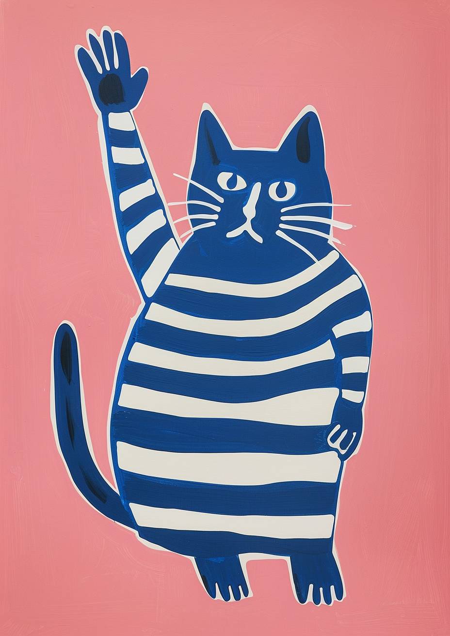 A minimalistic painting of a cat with stripes in blue and white on a pink background, in the style of Henri Matisse. The simple design is detailed enough to be interesting. It features bold outlines that highlight the form's contours. The cat holds its tail in one hand, which has stripes similar to those seen on its body. A sense of movement or action appears as if it could jump at any moment. Simple shapes are used.