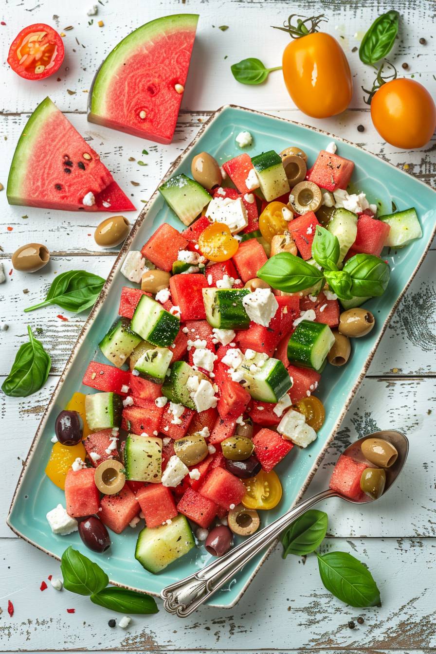 A vibrant watermelon salad with feta, cucumber and olives on an old white wooden table. The colorful mix of reds from the Watermelons contrasted against green leaves of basil for depth, with two small yellow tomatoes adding to its visual appeal. A large spoon is placed next to it on top of a light blue rectangular plate, with some pieces scattered around. On one side, there's a slice of fresh pink melon in view. Captured by professional food photographer using Nikon D850 camera and nikon AFS NIKKOR 2470mm lens at F/3.6 aperture