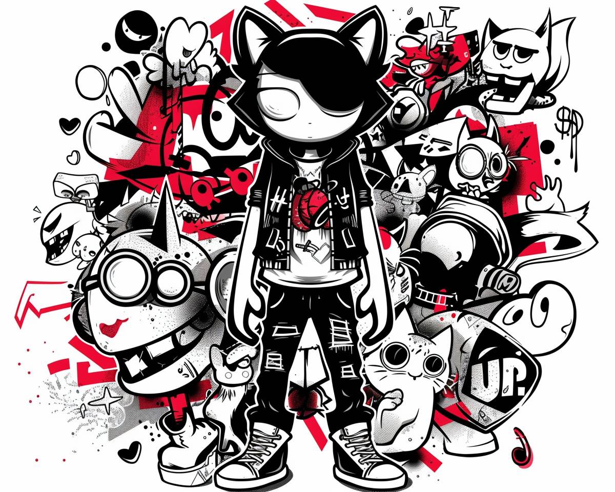 Cartoon character surrounded by various elements like [elements], doodle art and vector line drawing. It is a high contrast black and white, full body shot of the character wearing [color] [description]. punky style with graffiti-inspired designs, highly detailed.