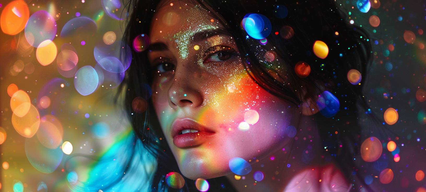 Portrait of a young woman with dark hair and a face illuminated by sparkling lights, set against a holographic, shimmering, glittery rainbowcore background, captured with double exposure photography to create a psychedelic, cinematic beauty