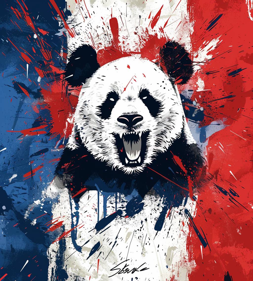 Flag art by Sarah Stone, a French flag with an angry panda in front