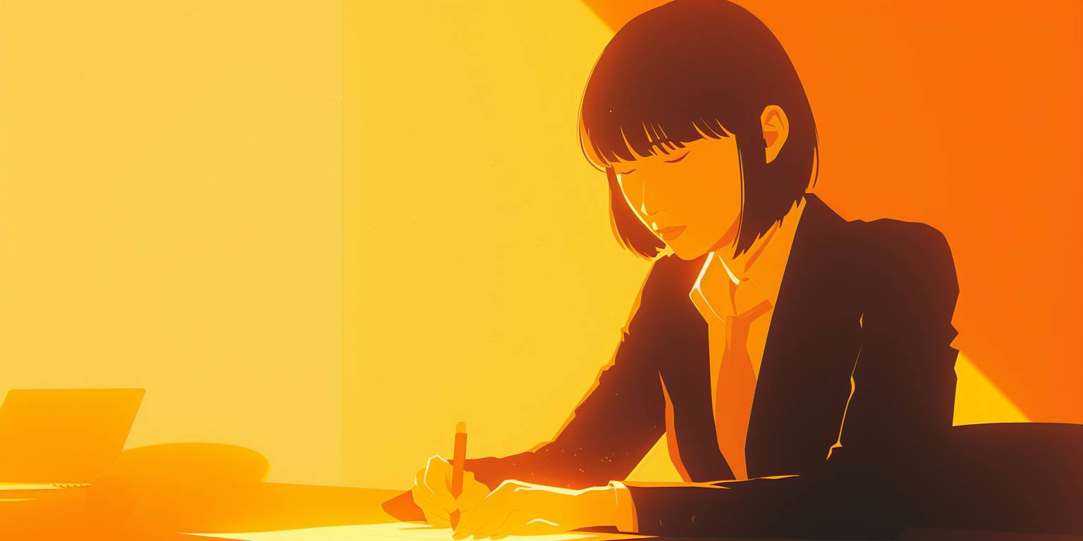 A girl takes an English test, sits at a desk with a sheet of paper and writes text to a software company for an HR job, the girl comes for an interview, some cyberbanking, warm tones, a yellow accent, cyberpunk in the background, dark tones in the background, accent on people, realism, photo--q 5 --chaos 30 --ar 2:1  --v 6.0