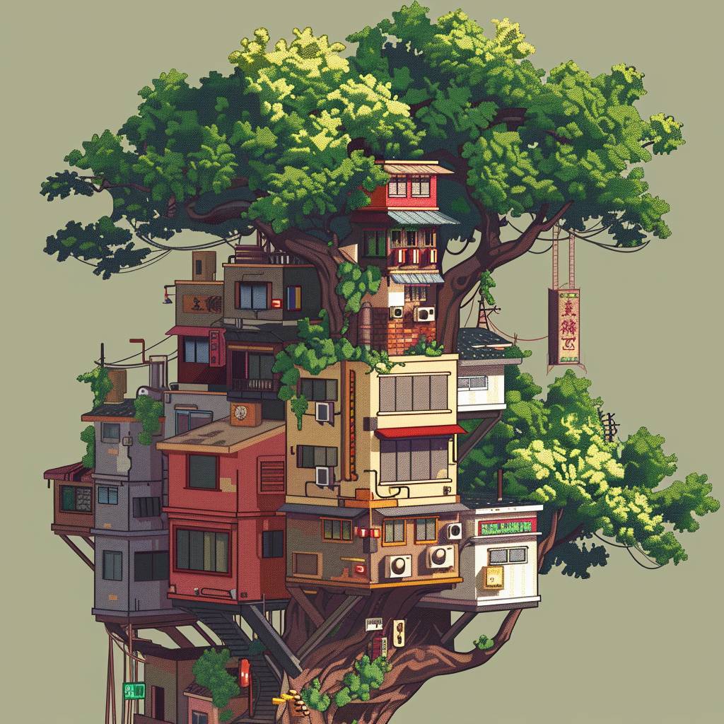Isometric clean pixel art image of building in tree, style of Tekkonkinkreet --v 6.0