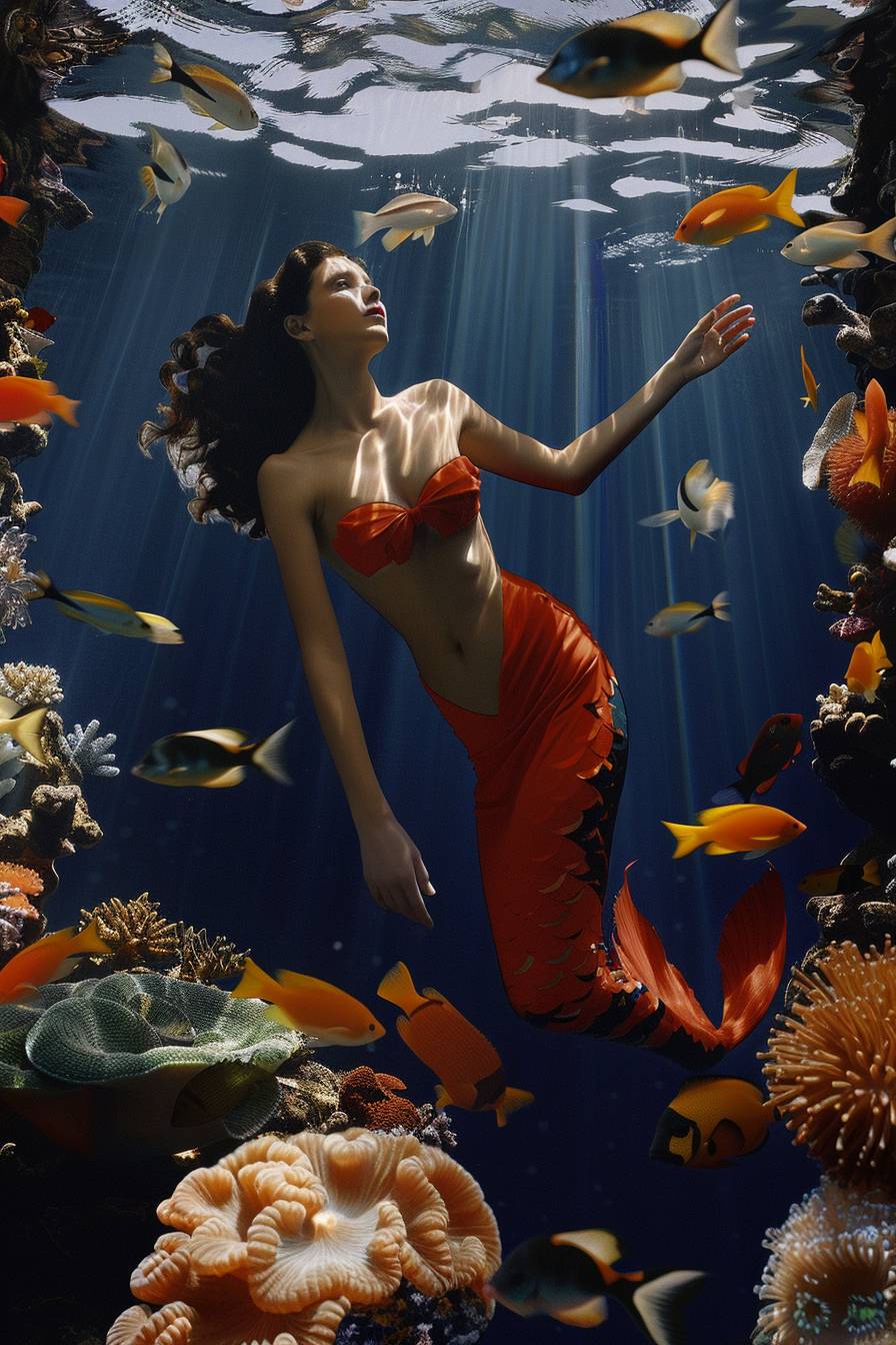 美しい人魚が珊瑚礁で泳ぎ、色とりどりの魚や海葵に囲まれています。水中には太陽の光が透過しています。--ar 2:3 --sref 2728141876 --v 6.0