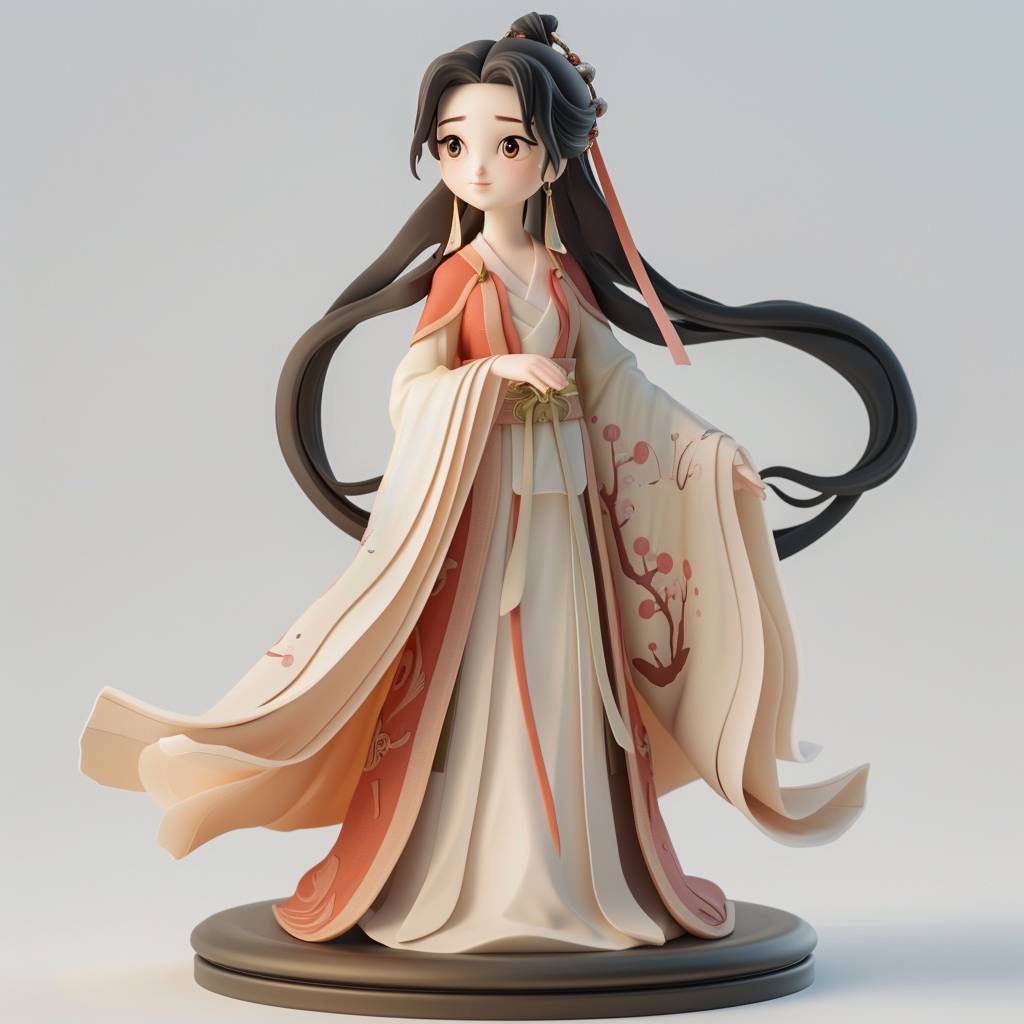 Long Hair, Full body, generate three views, namely the front view, the side view, and the back view, A Chinese woman in traditional Hanfu, with long black hair and a long white gauze skirt model, Bright Eyes, blind box toy, 3D, Cute, Disney style, Pop Mart Diiiuse, blender, 32K UHD, vivid facial expressions