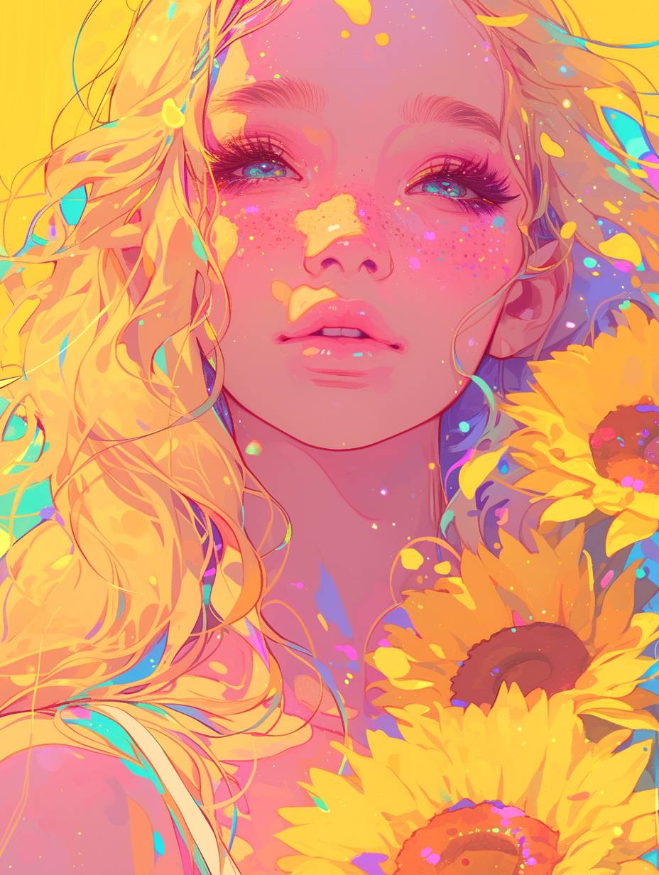 Summer girl with lush hair, eyes barely seen, freckles, background of sunflowers, neon pastel glitching, vibrant with clear depth perspective --ar 3:4 --s 500 --niji 6 --style raw