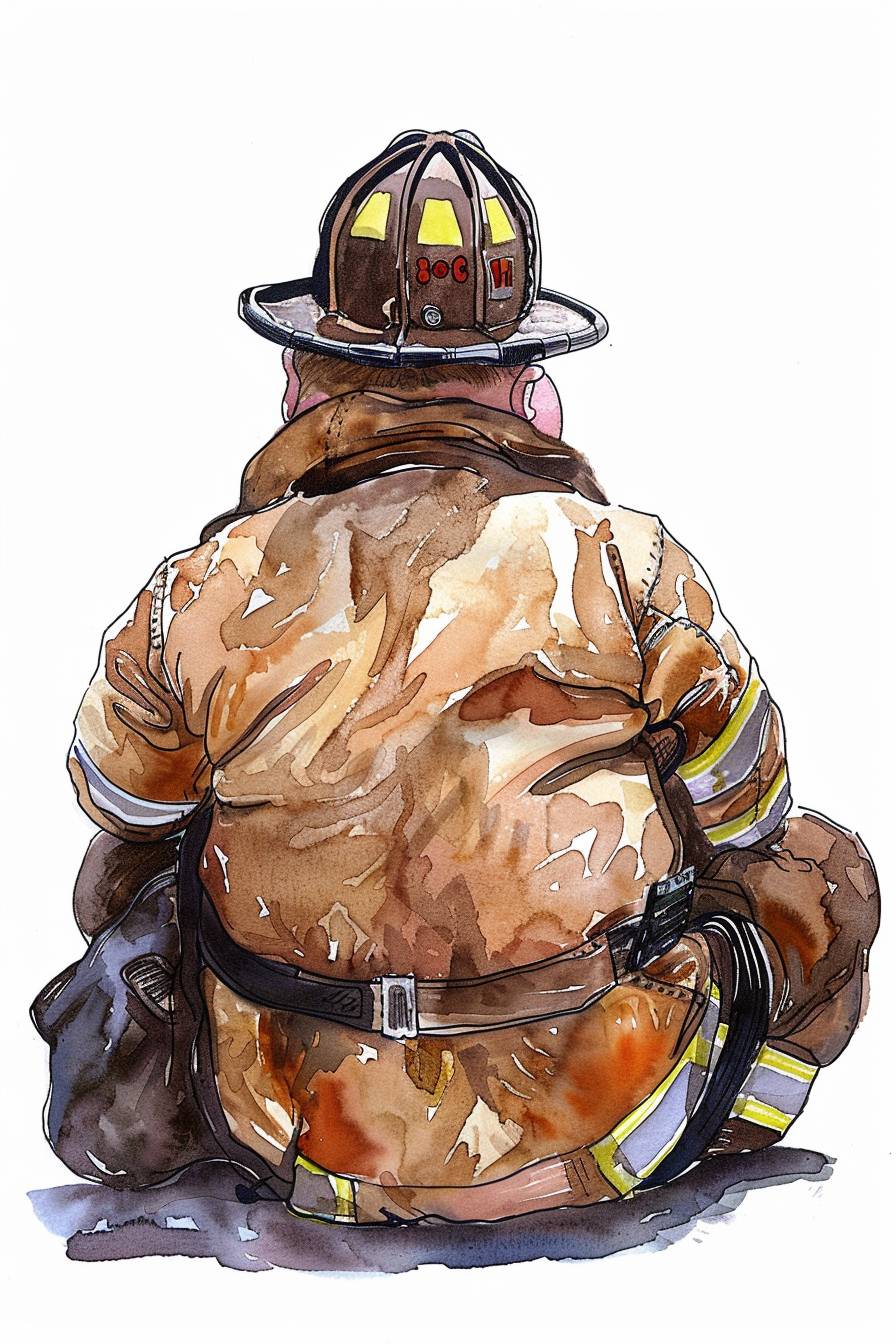 Watercolor sketch illustration of the back of a baby fire fighter sitting down digital art, concept, in the style of Rifle Paper and Co, in the style of Pixar, fat fire fighter, art, 8k, hd, high detail illustration, isolated on a white background