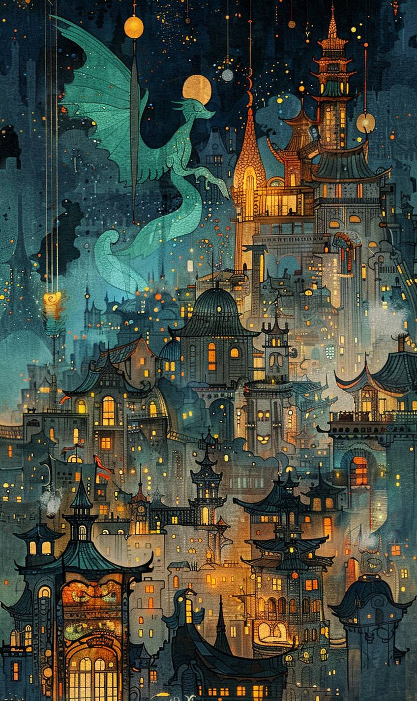 Art Nouveau, Anderson's fairy tale illustration, stylish city with bright lights, mysterious and dreamy, extremely sophisticated