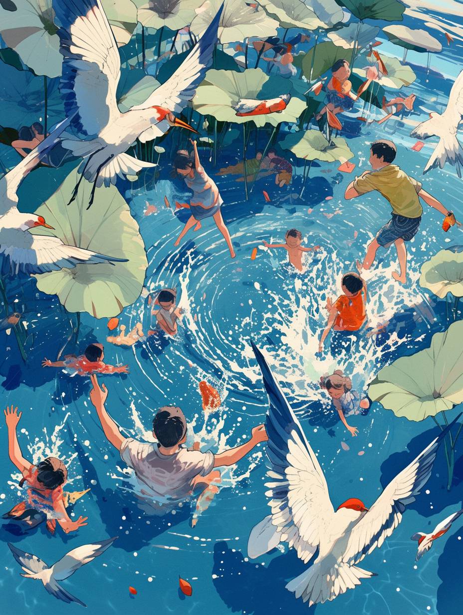 In the summer season, several children are playing in the water, splashing water on each other, surrounded by huge linear green lotus leaves, and swallows are flying in the sky. The illustration is a flat illustration style, with green as the main color, a vibrant illustration scene, a Mobius ring composition, and a fisheye effect.