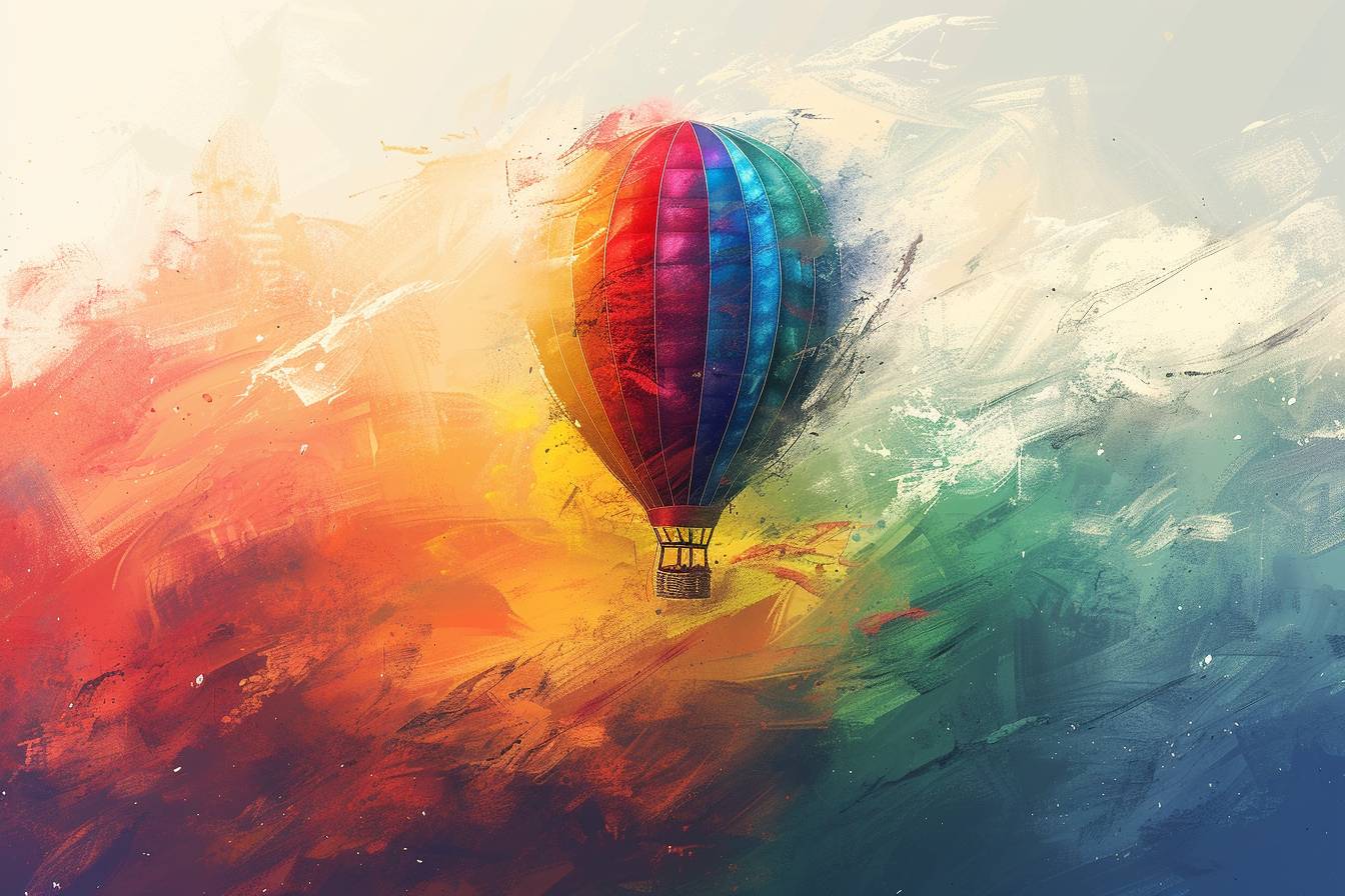 A hot air balloon in Pixel-Brush Fusion style, with rainbow digital brush strokes