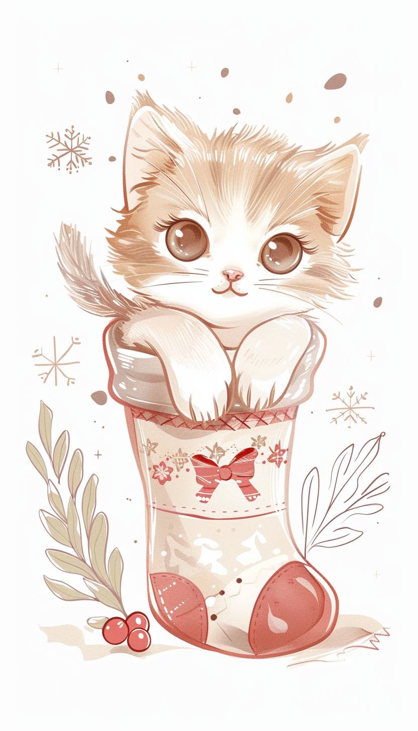 Minimalistic cute adorable kawaii shiny baby kitty peeking from a Christmas sock with subtle Christmas details on it, white background with subtle Christmas details around the kitty, soft pastel, beige, soft light red and milky colours, cartoon, smooth shading, chalk style isolated