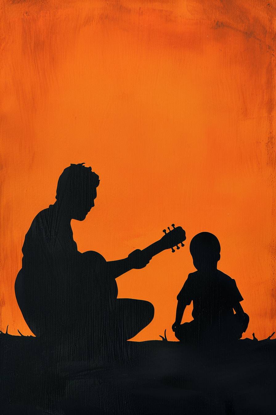 Father-son interaction scene art installation: Choose a warm father-son interaction scene, with the backs of the two playing guitar together, a solid color background, and orange as the main color