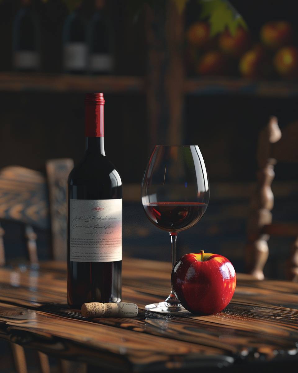 低い角度から撮影された近代的で明るいライトの静物写真で、開いた赤ワインのボトル、半分程度入ったワイングラス、光沢のある木製のテーブルの上に置かれたリンゴが写っています。