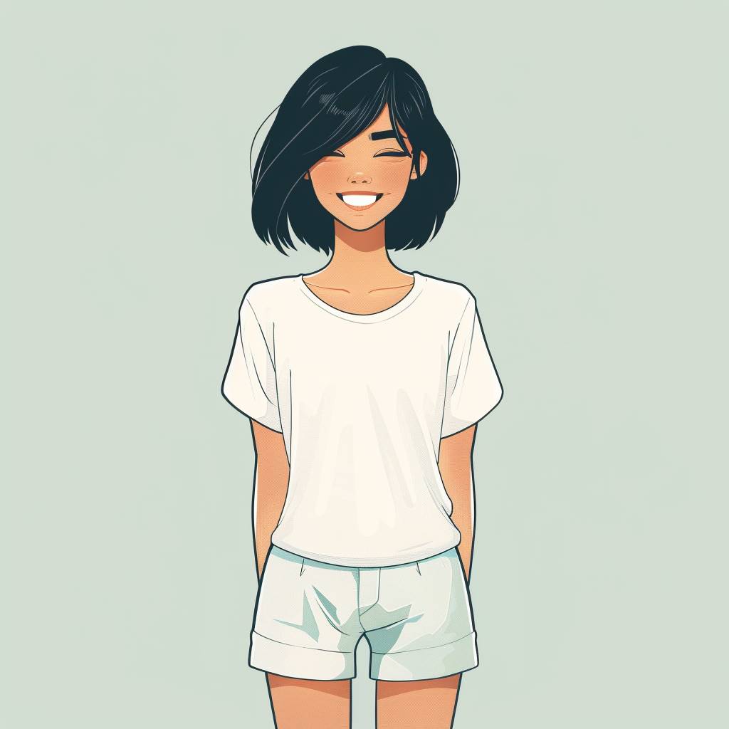 An illustration of a woman with black, calm bob haircut, smiling brightly, wearing a white t-shirt and shorts, against a plain background. The background is a light pastel color, with subtle shading to highlight the figure. Created Using: digital illustration, clean lines, smooth shading, flat colors, minimalist design, vibrant color palette, comic book style, hd quality, natural look