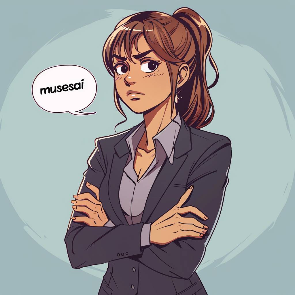 A pretty girl in a suit, crossing her arms in front of her chest, saying 'musesai'. Comic style.