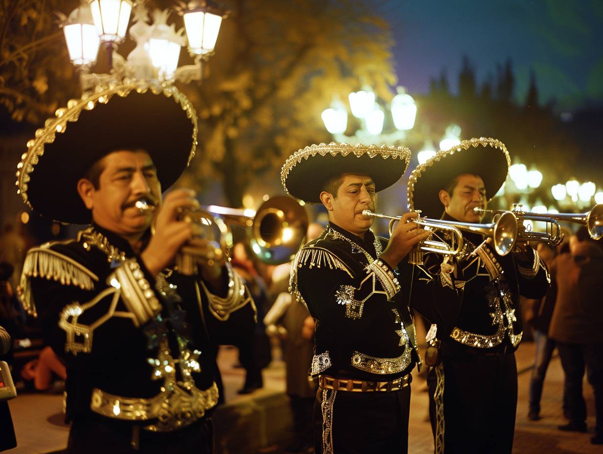 Four musicians in a mariachi band. Passion and synchronization. Trumpet solo. Plaza Garibaldi in Mexico City. Evening in 2000. Audience, other bands, a moonlit sky. Medium shot, waist up. Shot on a Minolta Maxxum 7, Fujifilm Superia 800 film. Street lamps casting a warm glow, detailed texture of the costumes.