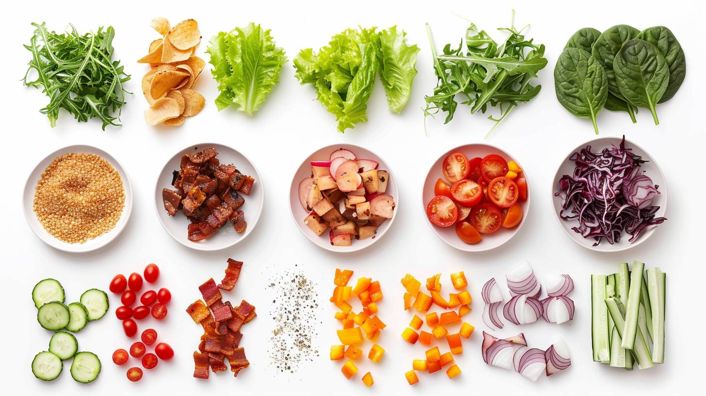 Vegan BLT deconstructed, all parts laid out on a white background