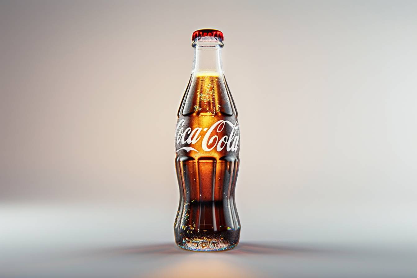 A highly detailed, ultra-realistic, professional product advertisement photograph of a Coca-Cola glass bottle on a white background with beautiful lighting and reflections, cinematic dramatic lighting, 8k, photorealistic, hyper-realism, physically based rendering