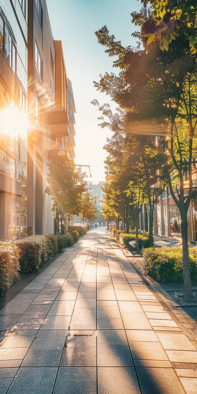 A photo of in the summer early morning, the corner of the modern city street, the sunshine is soft and has the Tindar effect, white simple color background