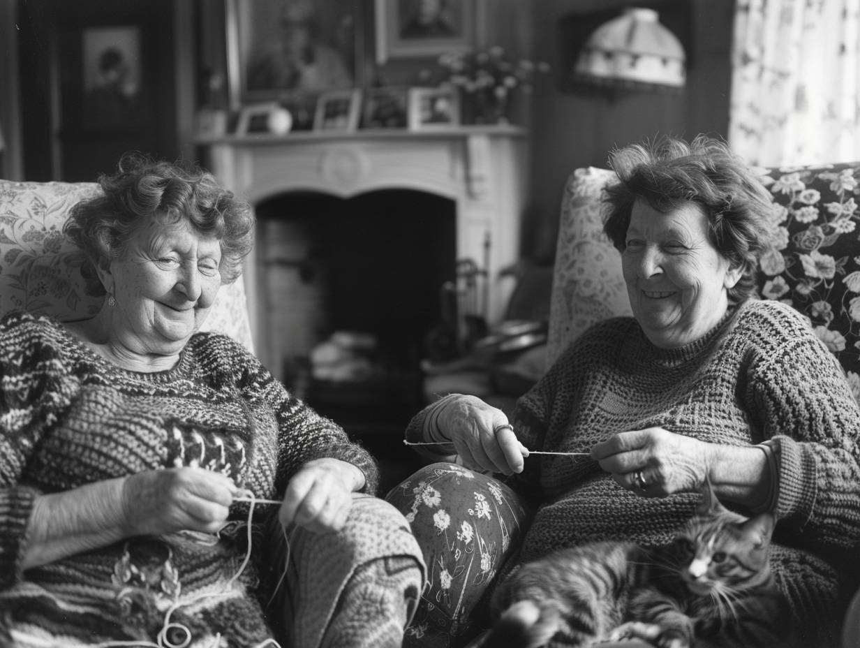 2人の年配の女性が編み物をしています。暖かい微笑み。カラフルな糸。居心地の良いリビングルーム。1965年の午後。暖炉、家族の写真、椅子で眠る猫。上半身を中景で撮影。Pentax Spotmatic、Kodak Tri-Xフィルムで撮影。窓から柔らかい光が差し込み、糸の細かな質感が写し出されています。