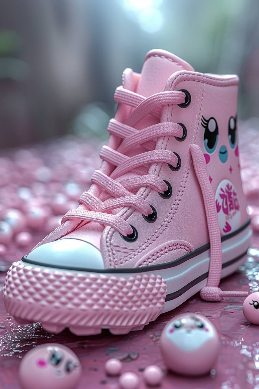 a cute baby pink walking shoe with a cute face, chibi face, manga face, turquoise eyes
