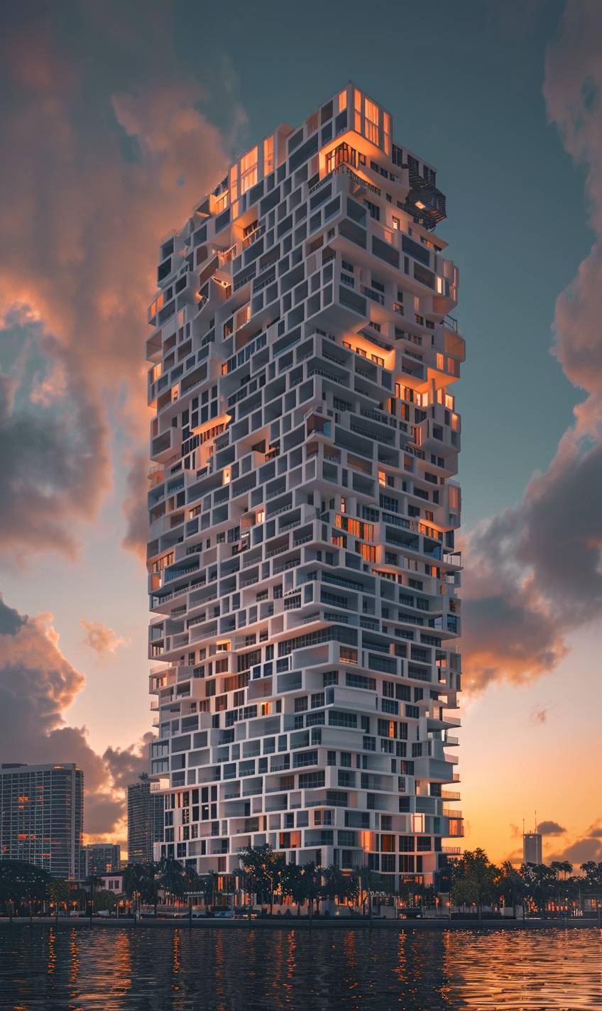 The MVRDV Pixel Tower in Biscayne Bay Miami, shades of white, splash of color, Jenga, minimalist, dusk