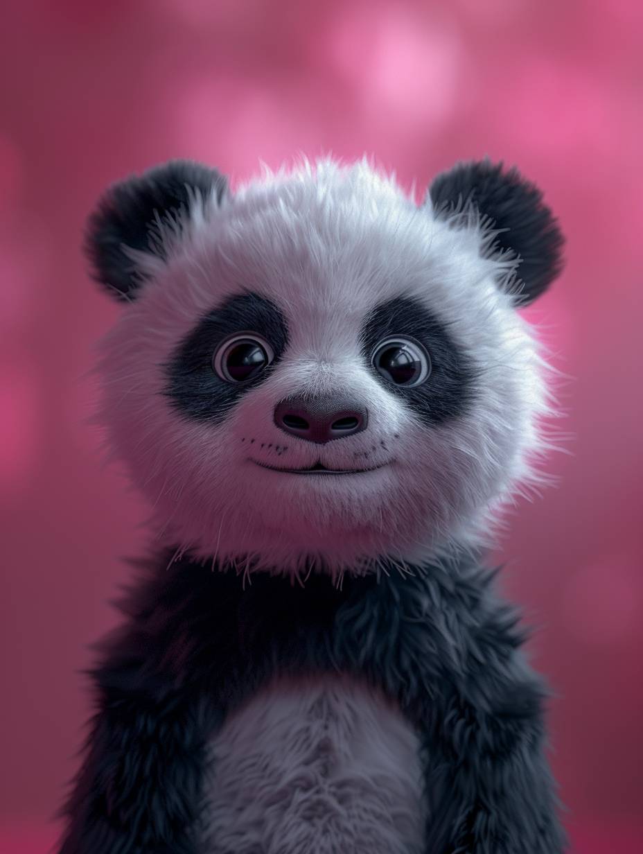 An anime adorable panda, slightly fluffy, with rich expressions of happiness and joyful, 3D plush texture, against a pink background, in the style of q version, 4K, rich details with minimal elements